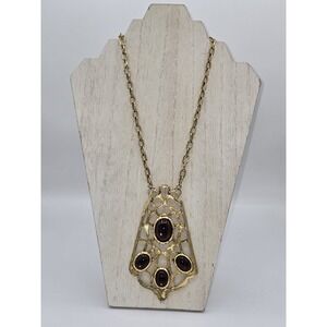 Vintage Gold-Tone Art Deco Geometric Dark Purple Cabochon Pendant‎ Necklace